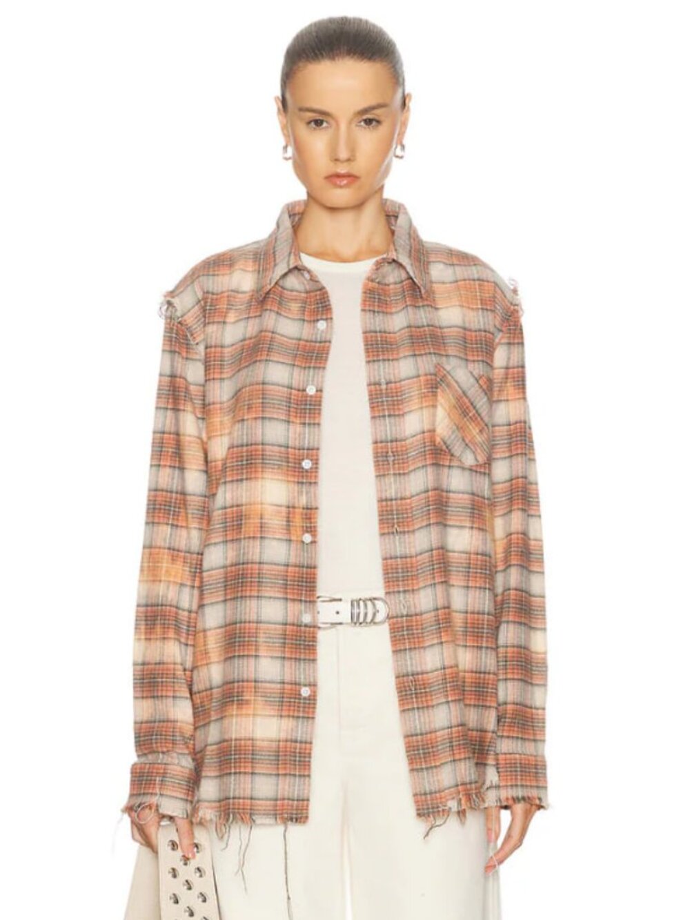 R13 NWOT Shredded Seam Bleach Orange Plaid S
